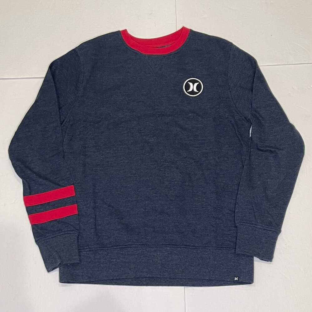 Hurley Men's Small Fleece Crewneck Sweatshirt Gray Red Stripes Surf Skate Logo